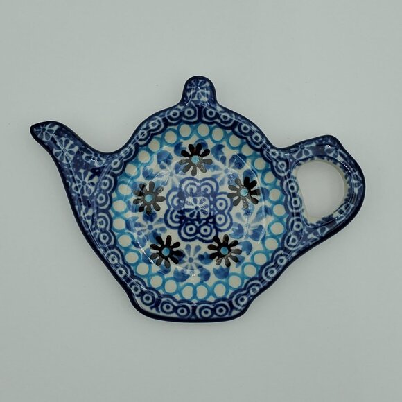 Polish Pottery Blue Yonder Tea Bag Holder Spoon Rest Lemon Plate - Picture 1 of 5